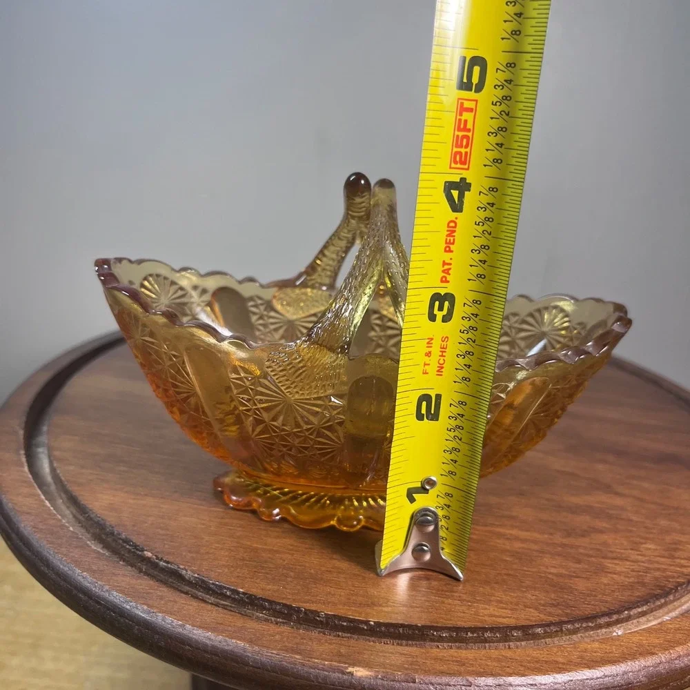 Vtg Amber Glass Daisy and Button Basket Scalloped Edge Double Handle 6.5